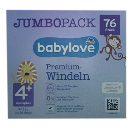 babylove Windeln Premium aktiv plus Größe 4+ maxi plus 9-20 kg Jumbo Pack 2x38 szt.,76 szt. pieluchy